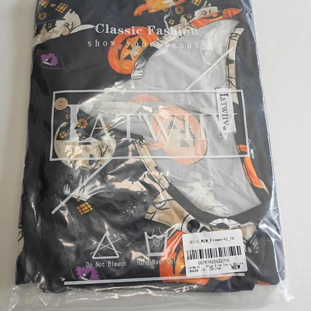 Halloween black v neck tunic top with orange and white accents Size 1XL